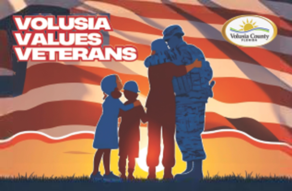 image of Volusia Values Veterans library card Veteran and family in front of flag background with Volusia County Florida logo